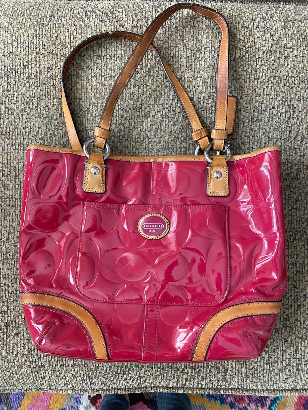 Coach Glossy Cranberry Patent Leather Tote with Tan Trim